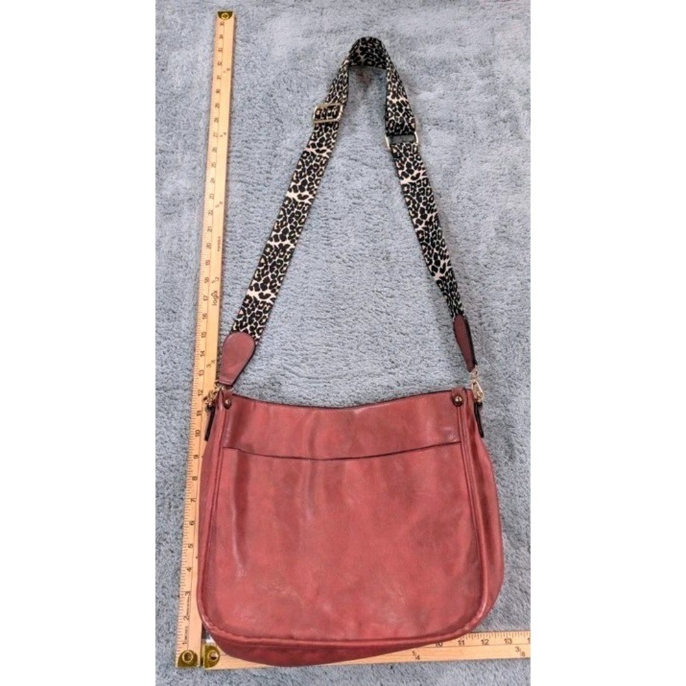 Mauve Vegan Leather Hobo Crossbody with adjustable Leopard Guitar Strap